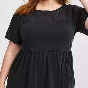 Vintage Cotton Jersey Crew Neck Eyelet Yoke Babydoll Top Black 3X NWT New